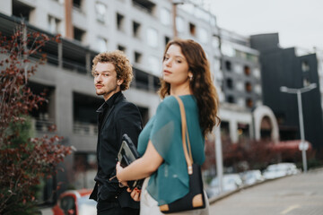 Entrepreneurial Couple Strategizing Growth in Urban Business District