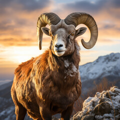 Obraz premium A noble bighorn sheep ascends a craggy slope 
