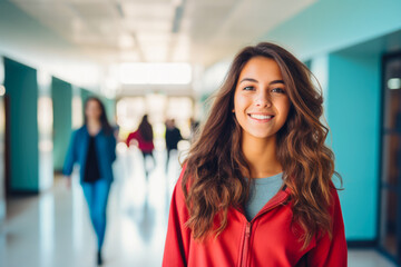 Fototapeta premium Confident Hispanic female high school student standing in the hallway starting a day with an open mind about learning something new