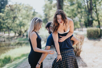 Carefree friends having fun in a sunny city park. Enjoying nature, socializing, and embracing...