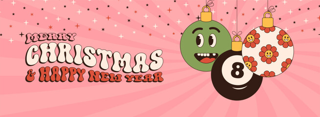 billiard Merry Christmas and Happy New Year groovy Sports greeting card. Hanging ball as a groovy Christmas ball on vibrant background. Vector illustration.