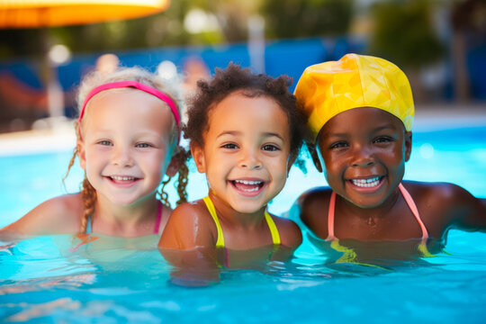 Diverse young children enjoying swimming lessons in the pool having a fun time while learning with their friends