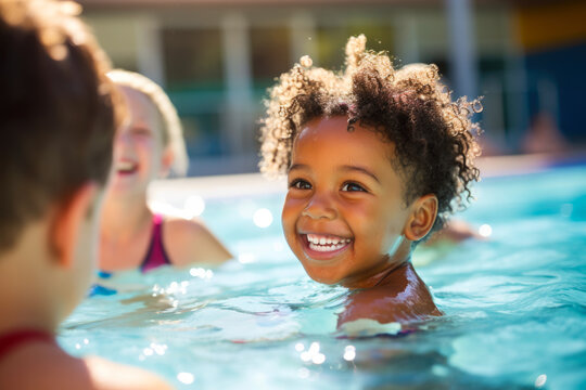 Diverse young children enjoying swimming lessons in the pool having a fun time while learning with their friends