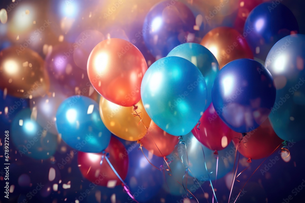 Poster colorful array of airborne balloons generative ai