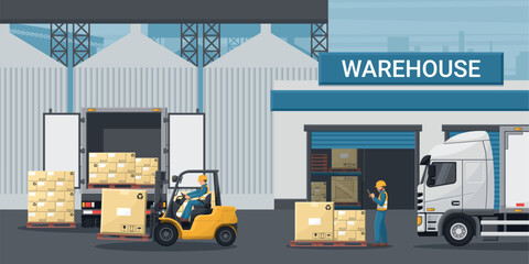 Exterior of industrial warehouse. Worker doing inventory of merchandise. Forklift loading boxes to a refrigerator truck. Cargo and shipping logistics. Industrial storage and distribution of products