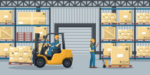 Warehouse with industrial metal racks for pallet support. Forklift loading boxes. Worker doing inventory of merchandise. Cargo and shipping logistics. Industrial storage and distribution of products - obrazy, fototapety, plakaty
