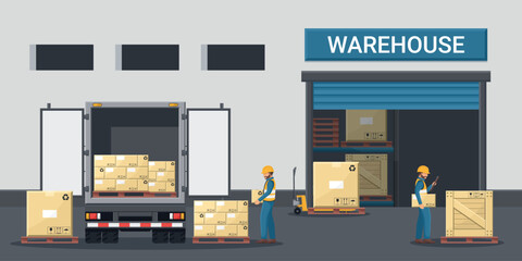 Warehouse exterior with workers loading merchandise into a refrigerated truck. Cargo and shipping logistics. Industrial storage and distribution of products