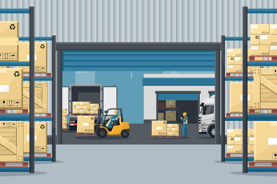 Warehouse with metal racks. Forklift loading boxes to a refrigerator truck. Worker doing inventory of merchandise. Cargo and shipping logistics. Industrial storage and distribution of products