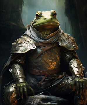 king frog warrior sitting on a rock in illustration