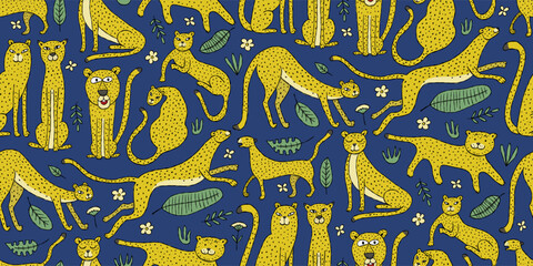 Fototapeta premium Cute yellow leopards family, seamless pattern background on dark blue