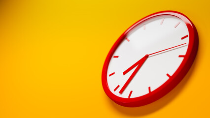 A red analog clock on an orange wall, time limit and business productivity theme, 3d illustration