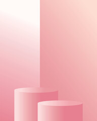 3d pink podium in pink studio room. Realistic vector 3d cylinder podium pedestal with vertical shape background, eps 10.