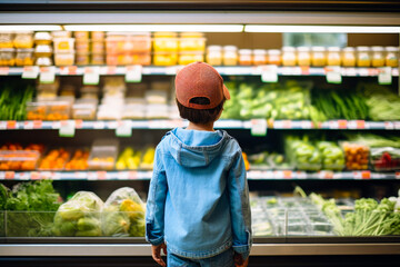 Rear view of a child shopping for groceries fruits and vegetables displaying healthy food choice for a young boy