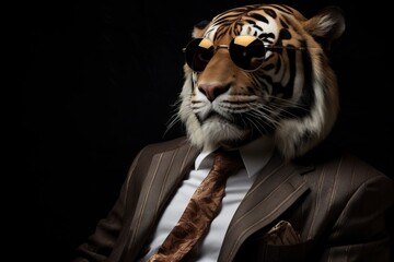 portrait of a bengal tiger in sunglasses and suit