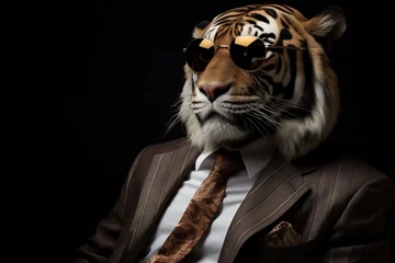 Zelfklevend Fotobehang portrait of a bengal tiger in sunglasses and suit © Alexandr Steblovskiy