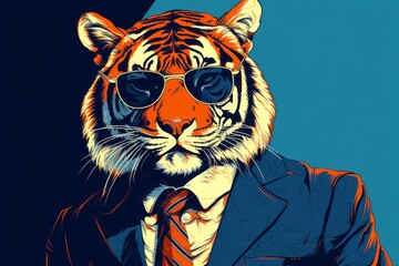 portrait of a bengal tiger in sunglasses and suit - 678929033