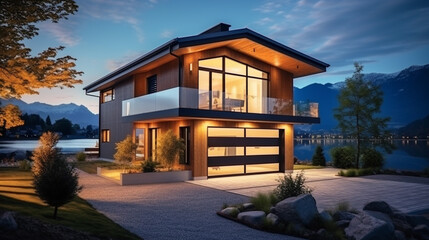 Fototapeta na wymiar modern cozy house by the river with garage for sale or rent with beautiful mountains. generative ai