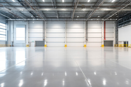 Factory, warehouse or hangar use roller doors or roller shutters advertising a modern solution in logistics