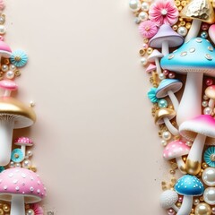 Enchanting 3D Mushroom Frame Background: Pastels and Jewel Accents