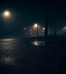 a street lamp next to a wet street in the dark