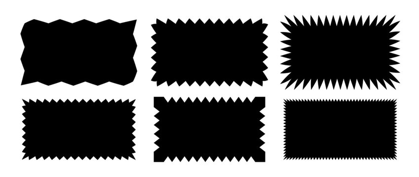 Zig zag edge rectangle shape collection. Jagged rectangular elements set. Black graphic design elements pack for decoration, banner, poster, template, sticker, badge, label, tag. Vector bundle