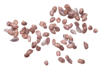 Boiled peanut fly explosion, boiled peanut bean fall down pour mix inside peel off. Tropical boiled peanut throw in air. White background Isolated high speed shutter, freeze action