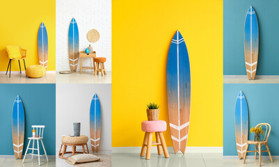 Collage with surfboards in interiors of rooms