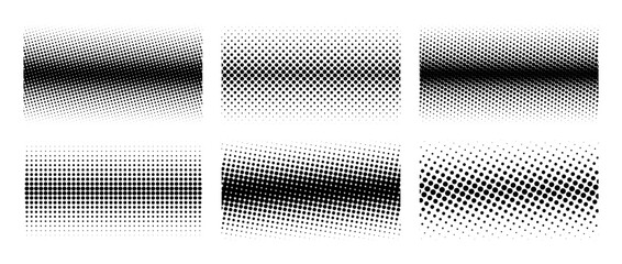Different halftone gradient backgrounds set. Cartoon dots texture wallpaper collection. Black and white comic design cover pack for banner, poster, print. Pop art dotted vector illustration bundle