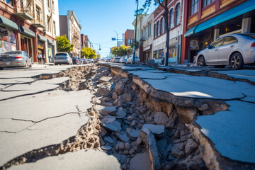 City downtown street cracked and damaged after a significantly strong earthquake nearby - obrazy, fototapety, plakaty