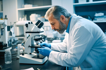 Naklejka na ściany i meble Expert male microbiologist scrutinizes medical sample using modern microscope in a tech-driven laboratory