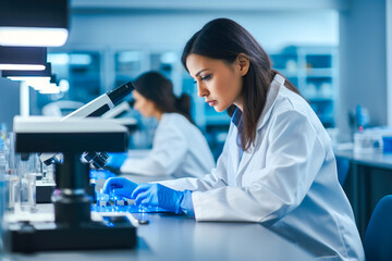 Expert female microbiologist scrutinizes medical sample using modern microscope in a tech-driven laboratory