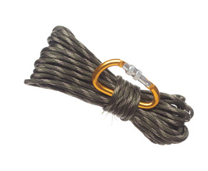 Green Climbing Rope roll fly in air. Strong safety climbing rope for sport mountain hobby, need safety gear to lock hold weight of climber rope. White background isolated