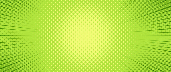 Obraz premium Green radial dotted comic background. Speed lines wallpaper with pop art halftone texture. Anime cartoon rays explosion backdrop for poster, banner, print, magazine, cover. Vector illustration
