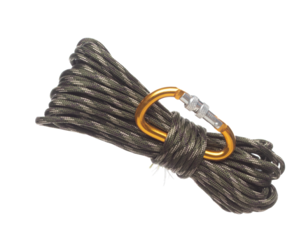 Green Climbing Rope roll fly in air. Strong safety climbing rope for sport mountain hobby, need safety gear to lock hold weight of climber rope. White background isolated