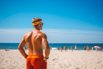 Rear view of a male lifeguard who dutifully watches over swimmers ready to take immediate action in case of a life threatening situation in the ocean - obrazy, fototapety, plakaty