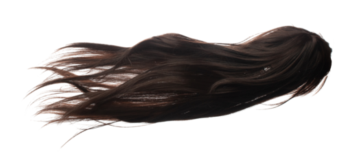 Long straight Wig hair style fly fall explosion. Brown woman wig hair float in mid air. Straight brown wig hair wind blow cloud throw. White background isolated high speed freeze motion