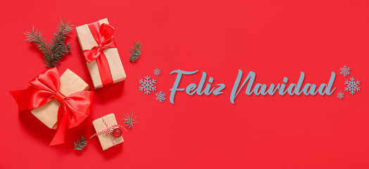 Fototapeta na wymiar Greeting banner with gifts and text FELIZ NAVIDAD (Spanish for Merry Christmas)