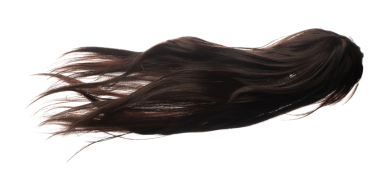 Long straight Wig hair style fly fall explosion. Brown woman wig hair float in mid air. Straight brown wig hair wind blow cloud throw. White background isolated high speed freeze motion