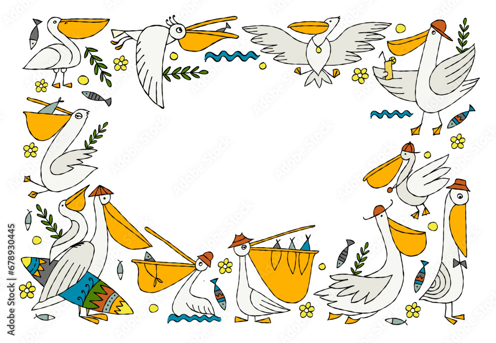 Poster pelicans family. funny characters. horizontal frame with place for your text. background for your de