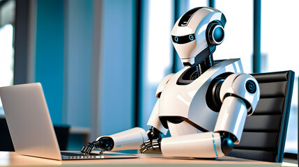Humanoid robot working on laptop, artificial intelligence and machine learning concept with future technology. Generative AI.