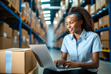 Fototapeta premium Female African American logistics coordinator in warehouse demonstrating engaged woman in the workplace