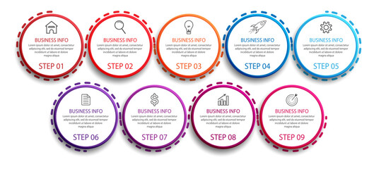 simple infographic business vector with 9 interconnected parts with color lines, icons, tex, numbers, options.
good for your business
