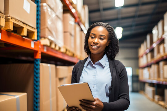 Female African American logistics coordinator in warehouse demonstrating engaged woman in the workplace