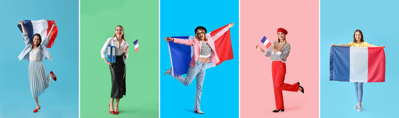 Set of beautiful women with flags of France on color background
