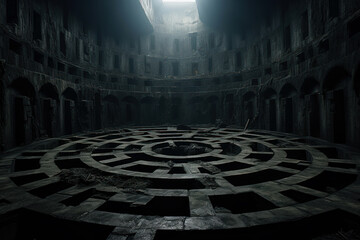 Spooky dark room with stone floor as maze, scary gloomy underground hall. Creepy strange dungeon like in horror movie. Concept of dreamlike, fantasy, puzzle, unknown, mystery, riddle