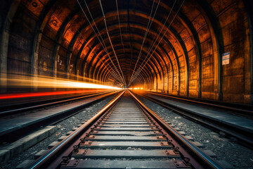 A long exposure drive point of a view inside train tracks in the long dark tunnel