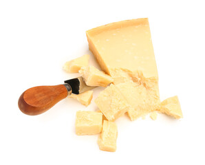 Pieces of tasty Parmesan cheese with knife on white background