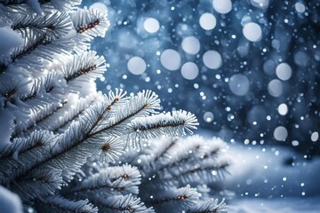 eautiful winter background image of frosted spruce branches and small drifts of pure snow with bokeh Christmas lights and space for text