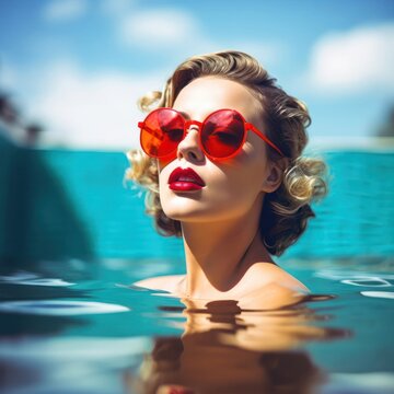 1960s Retro Style Woman Enjoying Poolside Vacation in Red Sunglasses Generative AI