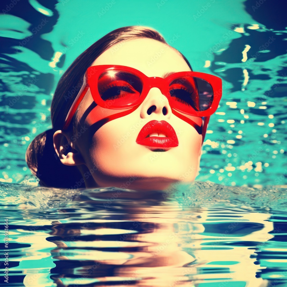 Poster 1960s retro style woman in red sunglasses floating in a pool on generative ai